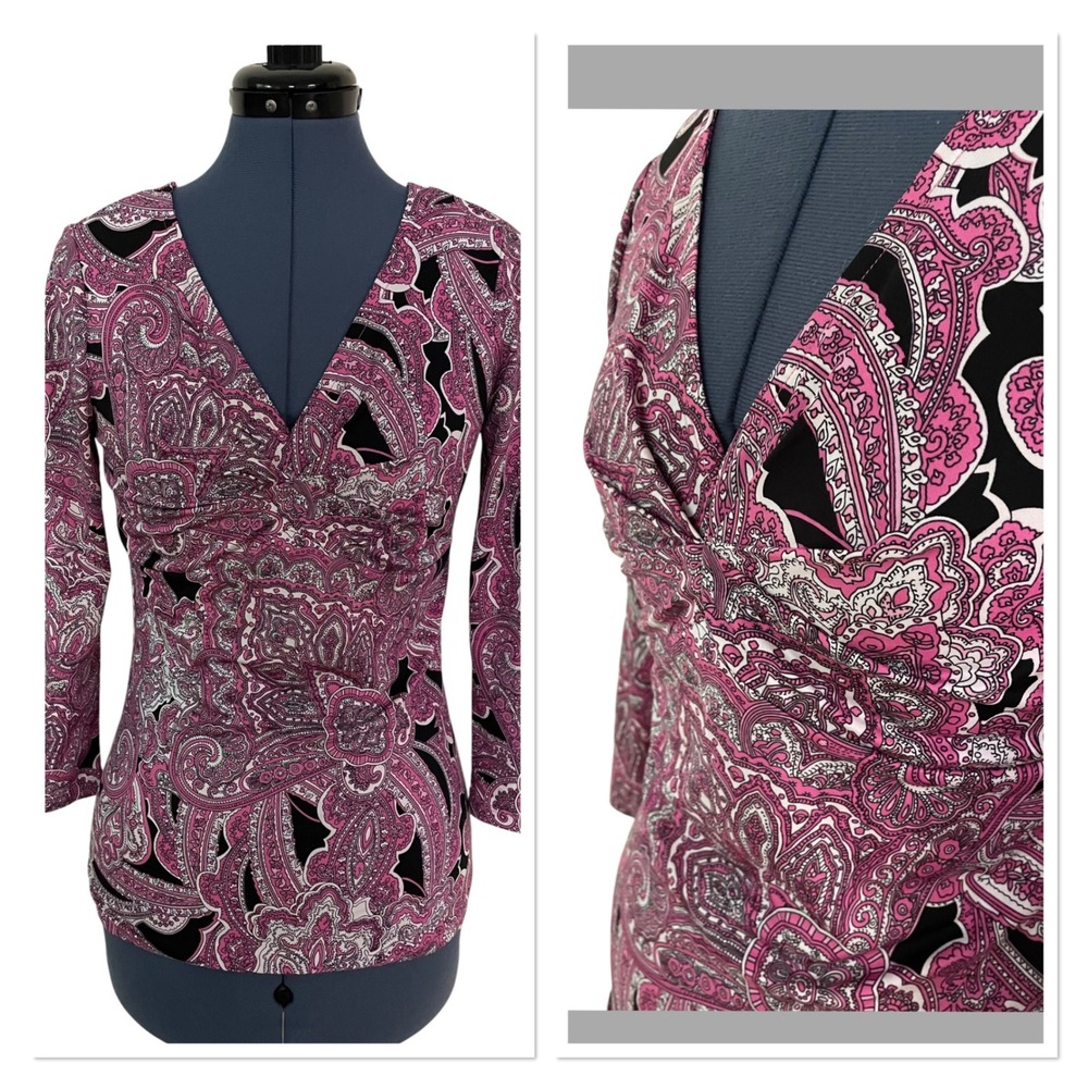 INC Int Pink Paisley Surplice V Neck 3/4 Sleeve Top Y2K Career Whimsigoth S